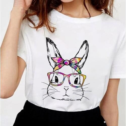 Womens T-shirt Summer Cartoon Cute Bunny Tops Female Round Neck Casual Fashion Short Sleeve Ladies Tshirt