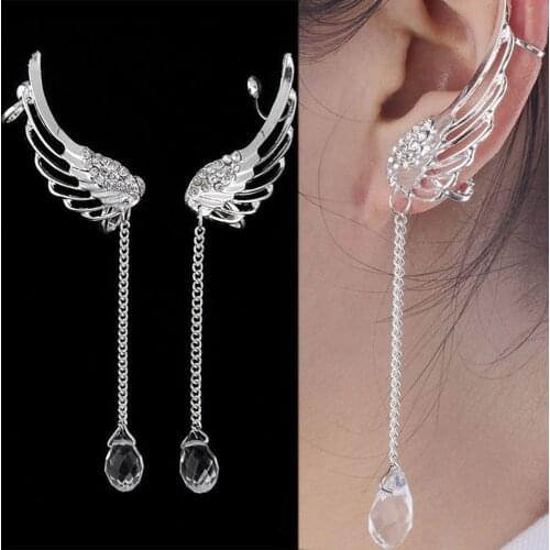 Fashion Womens Angel Wing Silver Plated Crystal Chain Drop Dangle Ear Stud Clip Alloy Ear Jewelry Party Earring Gothic Gift