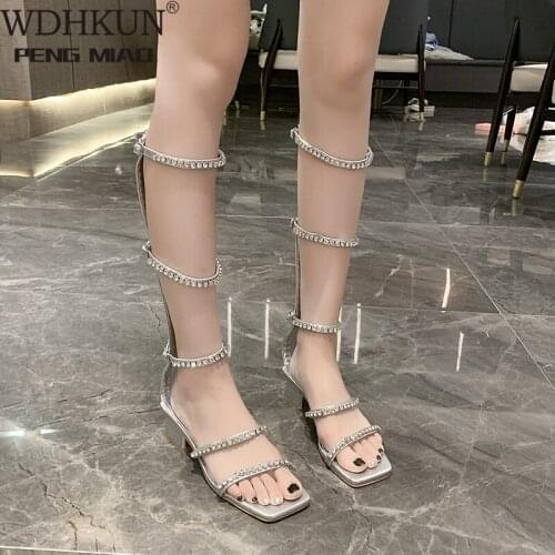Roman Women Sandals High Heels Summer Shoes Woman Flock Rhinestone Peep Toe Sexy Thin Heel Lady Sandals Plus Size 35-43