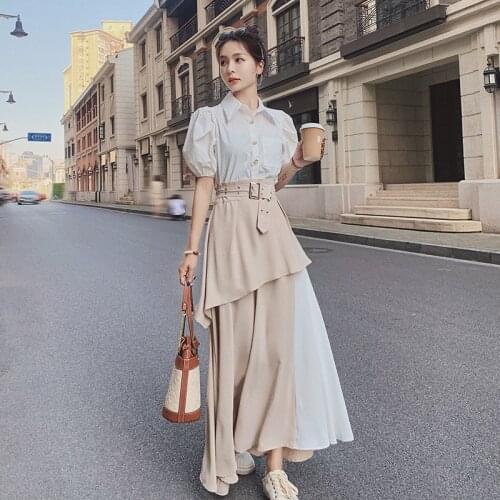 Women Summer 2 Piece Set Shirt and Skirt 2021 New Puff Short Sleeve Elegant White Tops High Waist Splice Maxi Skirts Outfits 392