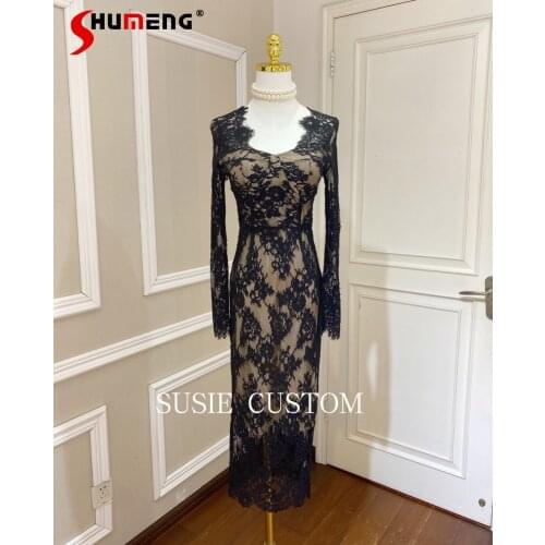 2021 Autumn New Female Slim Fit Goddess Style Eyelash Lace Mid-calf Dress Womens Fashion Square Collar Slim Waist Sheath Dress
