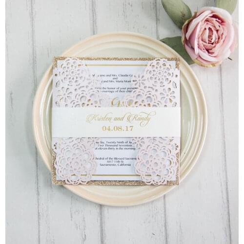 100 pieces/lot) Personalized Hollow Flower Pink Wedding Invitation Gold Glittery Backing Square Birthday Invitation Cards IC138