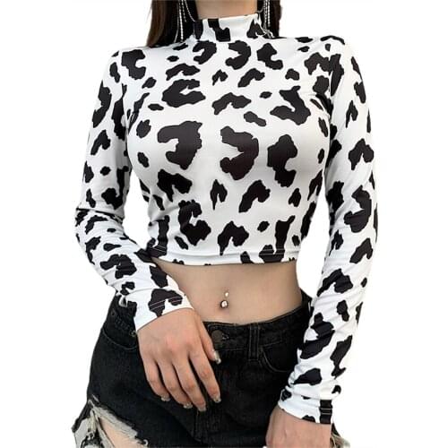 2020 Fashion Women Long Sleeve Cow Print Slim Short Shirts Crop Tops Bodycon Skinny Sexy Blouse Tops Female Shirt Clubwear