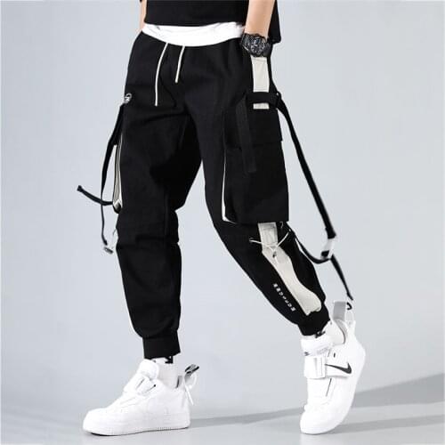 Mens Cargo Pants Hip Hop Pockets Joggers Streetwear Casual Men Pants Ribbons Patchwork Clothes Spring Autumn New Loose Trousers
