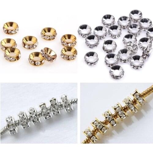 20pcs Rondelle Silver Gold Metal with Rhinestone Big Hole European Charms Spacer Beads 10mm Fit DIY Bracelet Jewelry