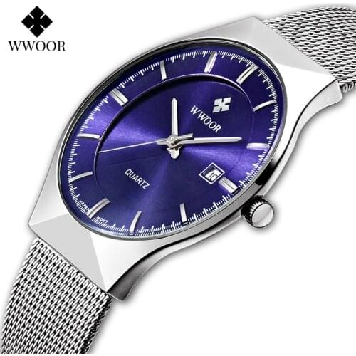 WWOOR Brand Men Quartz Wristwatches Classic Casual Waterproof Watch with Ultra Thin Mesh Steel Automatic Date Clock Reloj Hombre