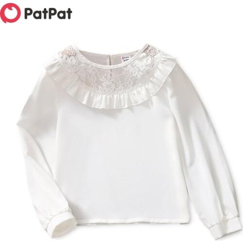 PatPat Pretty Kid Girl Flounce Lace Mesh Collar Long-sleeve Solid Blouse