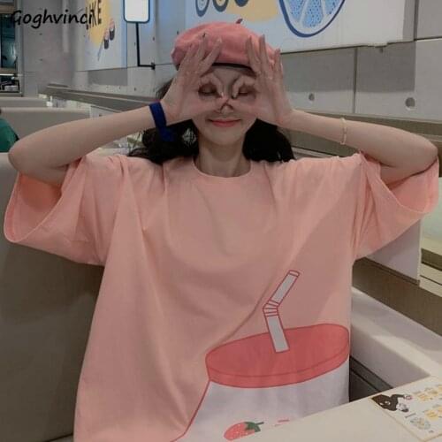 T-shirts Women Harajuku Ins Graphic Printed Loose Oversize Students Lovely Fresh Aesthetic All-match Candy Color Fashion Casual