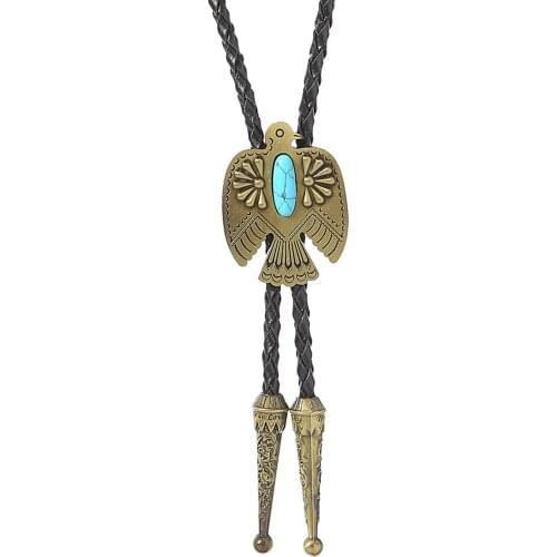 Cowboy West bolo tie natural pine eagle zinc alloy leather collar rope
