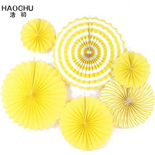 HAOCHU 6pcs/set Bright Yellow Theme Holiday Supplies Hand Paper Fan Decoration Photo Booth Backdrop Home Decor Boy Girl Baptism