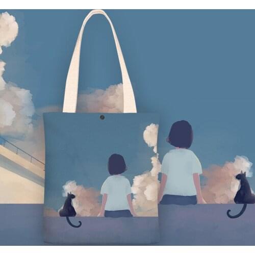 Japanese Style Canvas Bag For Women Girl and Cat Cartoon Print Shoulder Bag Women Ladies Hand Bags Tote Bag Shopper Bag Bolsa