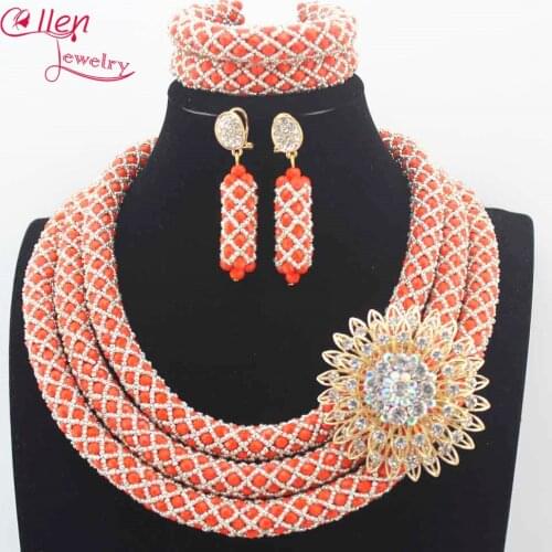 Luxury Nigerian wedding Bridal Jewelry Sets African Beads Jewelry Set Handmade dubai Bridal Necklace Set Bracelet Earrings N0021