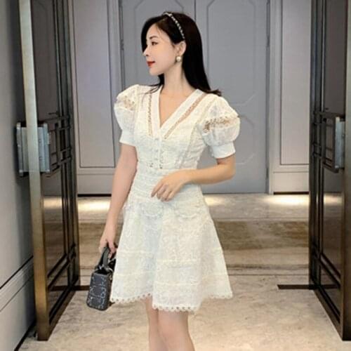 Puff Sleeve V-Neck Summer Mini Dress Women High Waist Hollow Out Party Dress Floral Lace Embroidery Runway Dress Beach C879