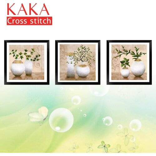 KAKA Cross stitch kits,5D Triplets Vase Plants,Embroidery needlework sets with printed pattern,11CT canvas,Home Decor Painting