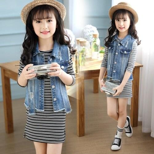 2017 New Girls Wear Striped Long Sleeve Shirts Dress + Denim Vest Jacket,children Girl Dresses Clothes Sets Free Ship