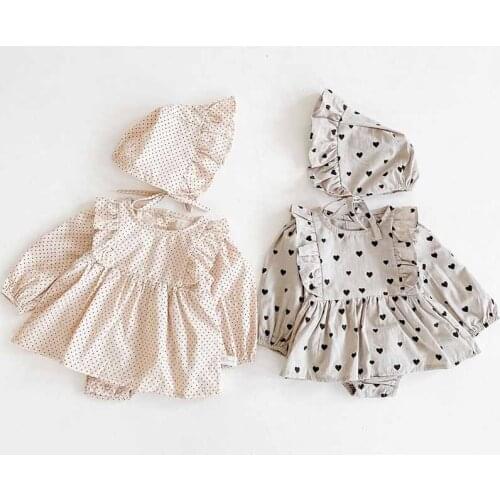 Autumn New Baby Girls Bodysuits Lovely Princess Dress Lace Long-Sleeve Jumpsuit Baby Cotton One-Piece Suit Crawling Clothes Hat