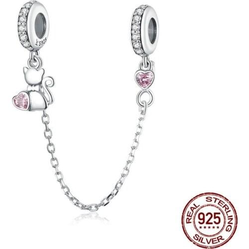 Lovely kitty Silicone Safety Chain Charm fit bangle & Bracelet Beads Genuine 925 Sterling Silver Pendant Jewelry DIY