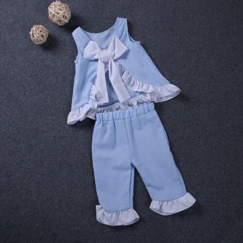 Okaldy 2019 New Summer Fashion Girls Clothing Sets Costume Girls Stripe Shirt + Pants Plaid Big Bow 2pcs