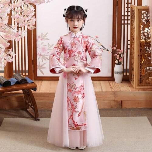 Autumn And Winter Girls' Hanfu Long Sleeves Chinese Style Tang Costume Stage Performance Clothing Birthday Wedding Party Dress