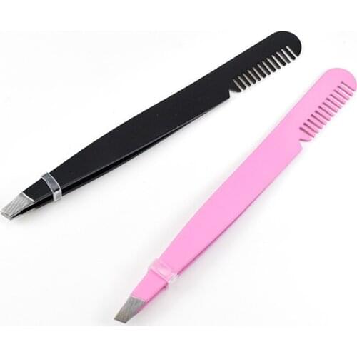 2 In 1 Eyebrow Tweezer With Eyebrow Brush Comb Stainless Steel Eyelashes Extension Tweezers Double Eyelids Pinzette Clip #M8136