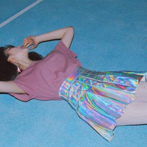 New Harajuku Wind Pleated Skirt Silver Shining Fluorescent Laser Half-length Skirt PU Skirt for High Waist Girls Plus Size 2020