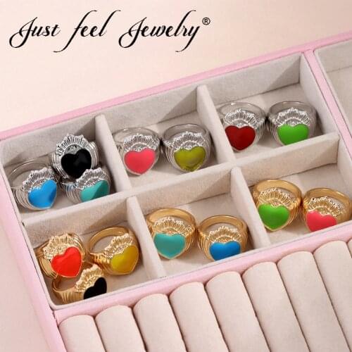 JUST FEEL Korean Cute Colorful Crown Heart Metal Rings for Women Fashion Sweet Gold Silver color Circular Geometry Rings Jewelry