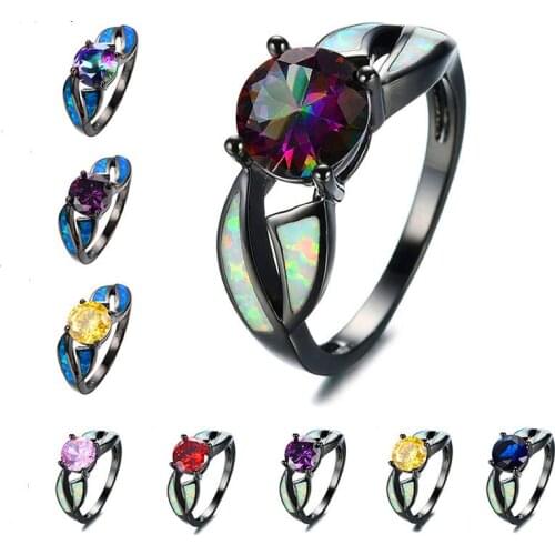 Luxury Female White Blue Fire Opal Stone Ring Vintage Black Gold Wedding Rings Promise Rainbow Engagement Rings For Women