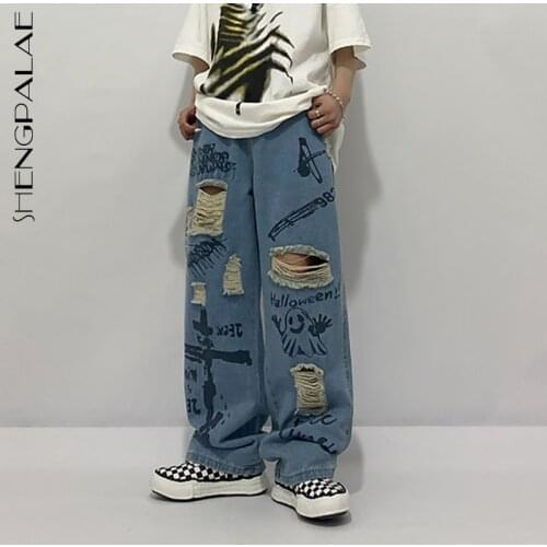 SHENGPALAE Streetwear Hip Hop Graffiti Hole Jeans Womens Autumn 2021 New High Waist Loose Straight Denim Pants Female Tide