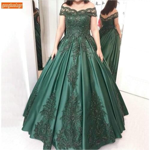 Dark Green Prom Dress Long Lace Appliqued Satin Ball Gown Party Dresses Women 2020 Vestidos De Fiesta Largos Elegantes De Gala