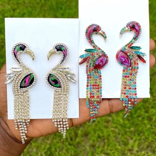 Vedawas INS Fashion Flamingo Fringed Tassel Earrings for Women Boho Luxury Animal Rhinestone Shiny Drop Earrings Jewelry Gifts