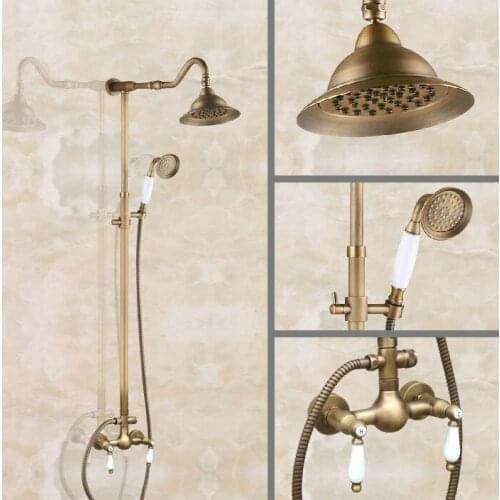 Vintage Retro Antique Brass Wall Mounted Bathroom 7" Round Rain Shower Head Faucet Set Dual Ceramic Handles Mixer Tap man520