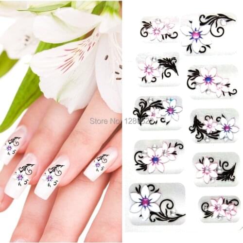 High Quality 5sheet/lot Women Flower 3D Art Silver Nail Stickers Rainestone Manicure Nail Tips Tools Decoration 24 Models Choose