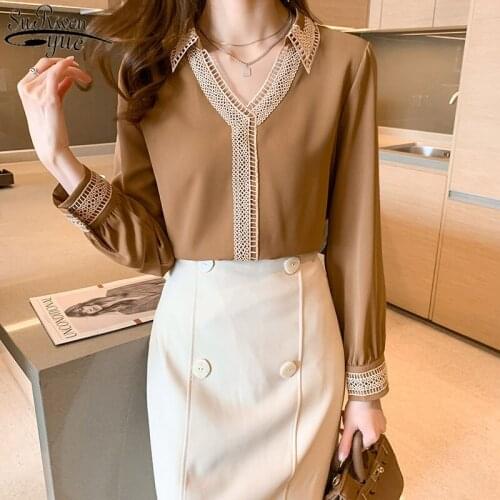 Spring New V-Neck Long Sleeve Solid Tops Chic Hollow Embroidery Splicing Blouse Women Plus Size Satin Silk Shirt Ladies 13094