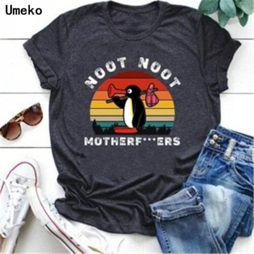 Umeko Summer Cartoon Penguin Printing O-Neck T-Shirts for Women Tees Tops Female Fashion Loose Tshirt Casual Clothing Plus Size