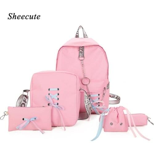 Women Backpacks Canvas Children School Bags 5 Pcs/set High Capacity School Backpack Kids Fashion Ribbon Bow Girls School Bags
