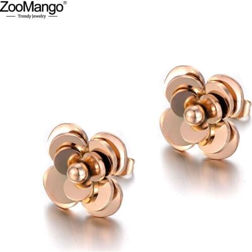 ZooMango Trendy Office Style Stainless Steel Love Rose Flower Earrings For Women CZ Crystal Romantic Earrings Jewelry ZE19278