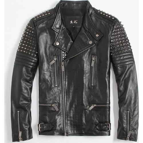 100% Genuine Leather Jacket Men Rivet Motociclista Biker Real Cow Leather Coat Man Fashion Streetwear Fit Chaqueta 1665