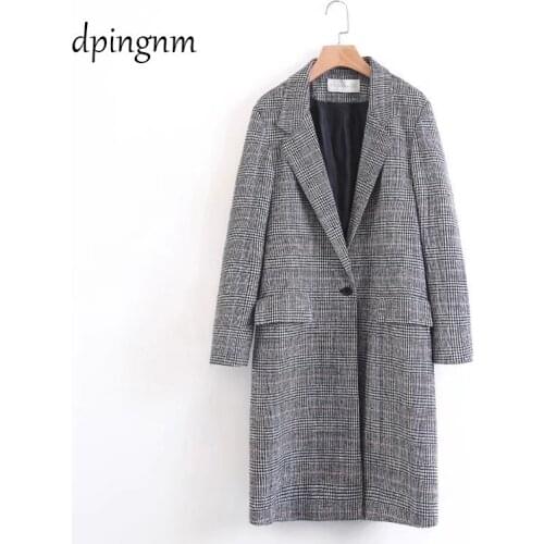 2018 Autumn Winter Wool Women Plaid Pockets Blends Office Work Long Coats Fashion Brand Lady Slim Lapel Long Sleeve Blends Sexy