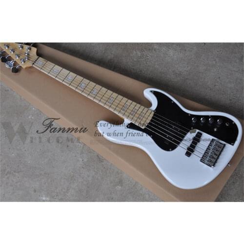 Free shipping custom 6 string white jb bass ,basswood body,neck bolt on body,black bridge,shell inlay,maple fingerboard,active b