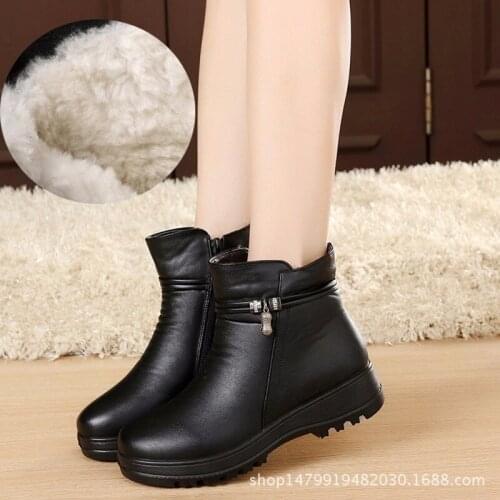 Leather boots Ladies Waterproof Winter shoes women plush Zip Ankle boots for women Comfortable wedges boot O4-63