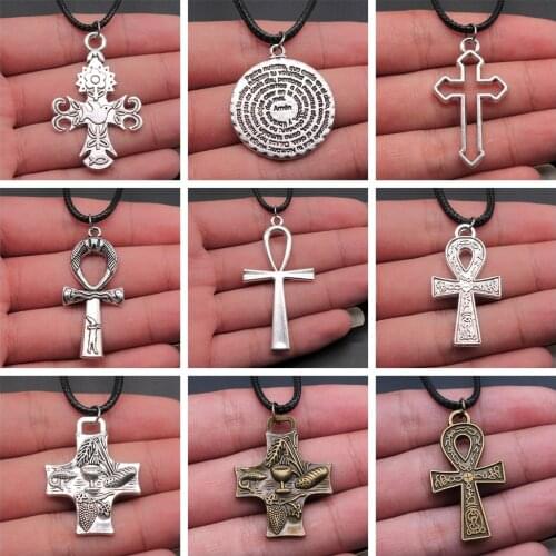 Black Leather Chain Necklace Christian Jesus Cross Ankh Cross Bible Pendant Necklace Cross Jewelry For Men Women