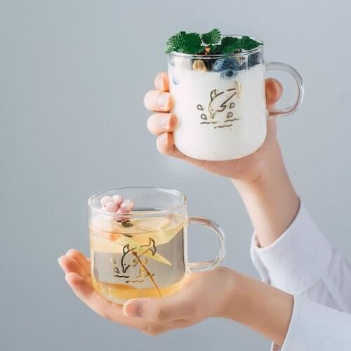 Drinking cup with handle heat-resistant glass flower tea cup office coffee cup home creative juice cup