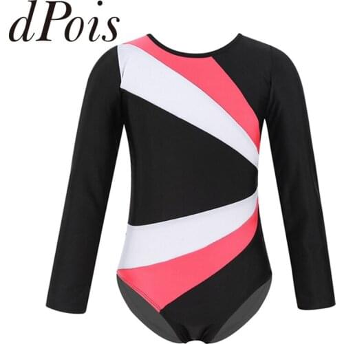Girls Long Sleeve Gymnastics Leotard Jumpsuit Color Block Cutout Back Children Ballet Leotards Acrobatics Kids Dance Wear