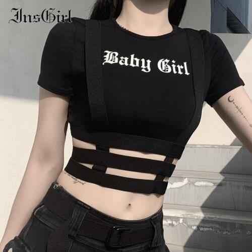 InsGirl Dark Goth Sexy Slim T-shirt Punk Street Baby Girl Letters Printed Short Sleeve Irregular Hollow Out Crop Top Tees Female