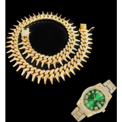 Hip Hop 2pcs Kit 25MM Iced Out Heavy Cuban Link Full AAA Crystal Pave Watch+Thorns Necklace+Bracelet for Men Women Jewelry