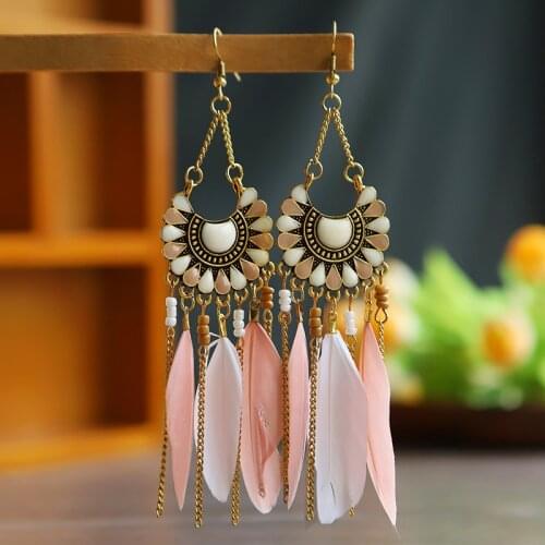 Creative Feather Earrings Bohemian Ethnic Fan-shaped Color Dripping Earrings Feather Tassel Female Retro Ethnic Earrings
