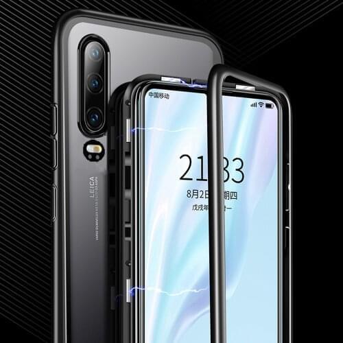 For Huawei P30 / P30 Pro Magnetic Adsorption Bumper Tempered Glass Back shockproof Case Hard Clear Flip Cover