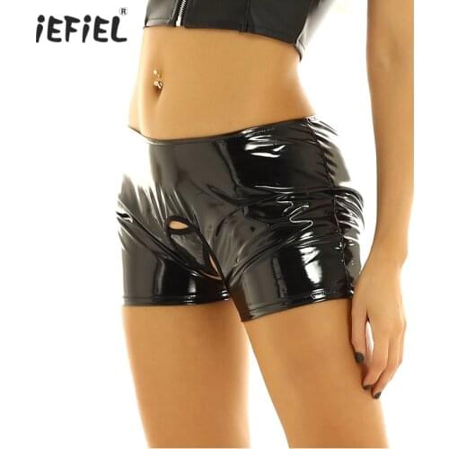 IEFiEL Mens Lingerie Latex Hole Panties Gay Underwear Patent Leather Boxer Shorts Sissy Sexy Panties Crotchless Erotic Briefs