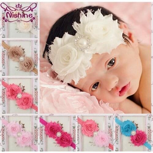 Nishine 28 Colors Double Shabby Chiffon Flower Newborn Headband Pearl Rhinestone Kids Headwear Photography Props