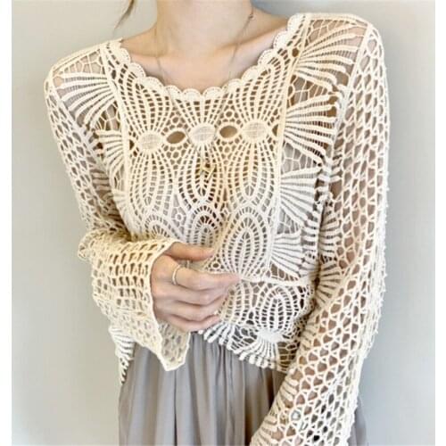 2021 New Lace T-shirt All-match Sexy Women Hollow Out Tees Casual Lady Basic Tops Pullovers Sun protection Coat Bottomings 1326